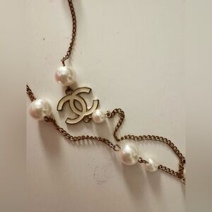 Double CC logo chain and pearl necklace (chanel inspo)